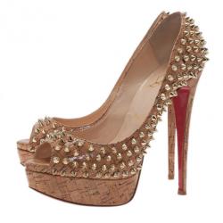 Pre Owned Christian Louboutin Cork Lady Peep Toe Spike Pumps Size 38