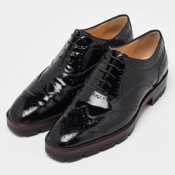 Pre Owned Christian Louboutin Black Brogue Patent Leather Charletta Lace Up Oxfords Size 38