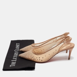 Pre Owned Christian Louboutin Beige Mesh Follies Strass Slingback Pumps Size 37.5