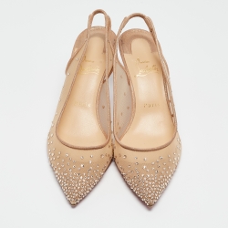 Pre Owned Christian Louboutin Beige Mesh Follies Strass Slingback Pumps Size 37.5