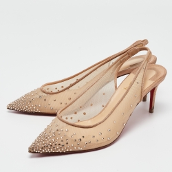 Pre Owned Christian Louboutin Beige Mesh Follies Strass Slingback Pumps Size 37.5