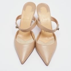 Pre Owned Christian Louboutin Beige Leather Choc Lock Heel Mules Size 36