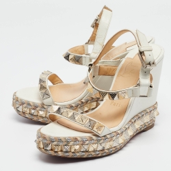 Pre Owned Christian Louboutin White Leather Cataconico Wedge Sandals Size 35