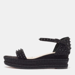 Pre Owned Christian Louboutin Black Suede And Raffia Madmonica Sandals Size 37
