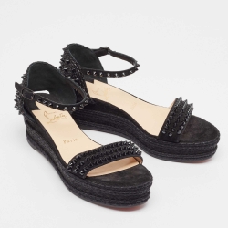 Pre Owned Christian Louboutin Black Suede And Raffia Madmonica Sandals Size 37