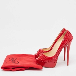 Pre Owned Christian Louboutin Red Patent Leather Lady Peep Spikes Pumps Size 38