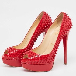 Pre Owned Christian Louboutin Red Patent Leather Lady Peep Spikes Pumps Size 38