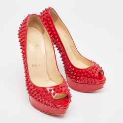 Pre Owned Christian Louboutin Red Patent Leather Lady Peep Spikes Pumps Size 38