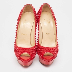 Pre Owned Christian Louboutin Red Patent Leather Lady Peep Spikes Pumps Size 38