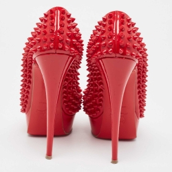 Pre Owned Christian Louboutin Red Patent Leather Lady Peep Spikes Pumps Size 38