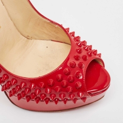 Pre Owned Christian Louboutin Red Patent Leather Lady Peep Spikes Pumps Size 38