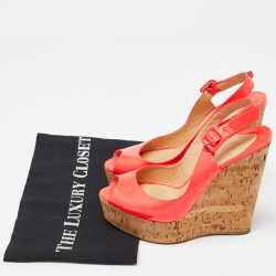Pre Owned Christian Louboutin Neon Pink Leather Une Plume Peep-Toe Platform Cork Wedge Sandals Size 37