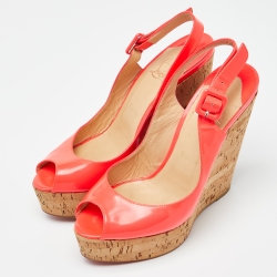Pre Owned Christian Louboutin Neon Pink Leather Une Plume Peep-Toe Platform Cork Wedge Sandals Size 37