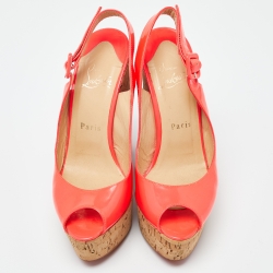 Pre Owned Christian Louboutin Neon Pink Leather Une Plume Peep-Toe Platform Cork Wedge Sandals Size 37