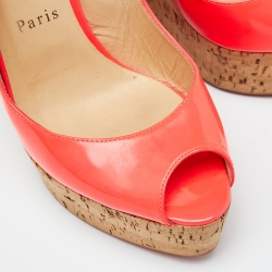 Pre Owned Christian Louboutin Neon Pink Leather Une Plume Peep-Toe Platform Cork Wedge Sandals Size 37
