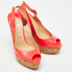 Pre Owned Christian Louboutin Neon Pink Leather Une Plume Peep-Toe Platform Cork Wedge Sandals Size 37