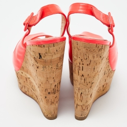 Pre Owned Christian Louboutin Neon Pink Leather Une Plume Peep-Toe Platform Cork Wedge Sandals Size 37