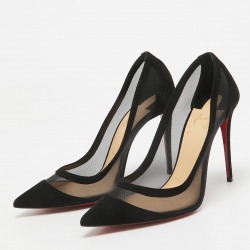 Pre Owned Christian Louboutin Black Suede and Mesh Galativi Strass Pumps Size 38