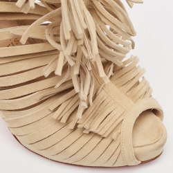 Pre Owned Christian Louboutin Beige Suede Fringe Detail Trim Accent Peep Toe Ankle Boots Size 38