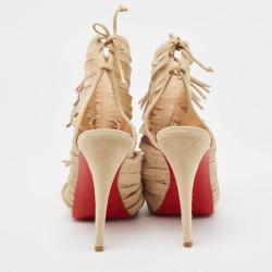 Pre Owned Christian Louboutin Beige Suede Fringe Detail Trim Accent Peep Toe Ankle Boots Size 38
