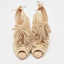Pre Owned Christian Louboutin Beige Suede Fringe Detail Trim Accent Peep Toe Ankle Boots Size 38