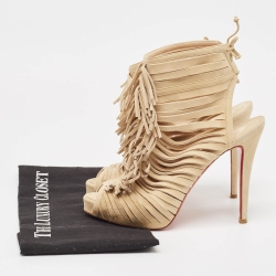 Pre Owned Christian Louboutin Beige Suede Fringe Detail Trim Accent Peep Toe Ankle Boots Size 38