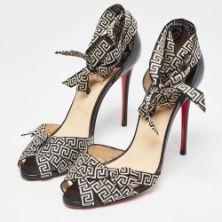 Pre Owned Christian Louboutin White/Black Fabric and Leather Christeriva Ankle Wrap Sandals Size 38