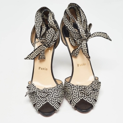 Pre Owned Christian Louboutin White/Black Fabric and Leather Christeriva Ankle Wrap Sandals Size 38