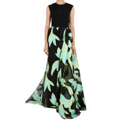Christian Siriano Black and Turquoise Silk Printed Gown S