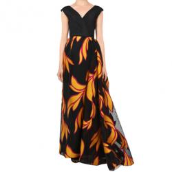 Christian Siriano Black and Yellow Silk Printed Gown S