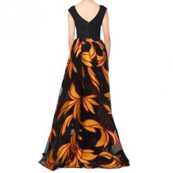 Christian Siriano Black and Yellow Silk Printed Gown S