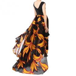 Christian Siriano Black and Yellow Silk Printed Gown S