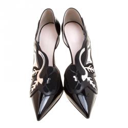 Christopher Kane Black Patent Leather Art Deco Open Court Pointed Toe Pumps Size 39