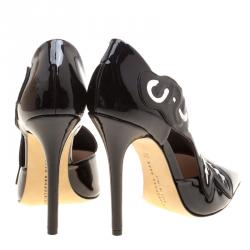 Christopher Kane Black Patent Leather Art Deco Open Court Pointed Toe Pumps Size 39