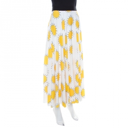 Christopher Kane White and Yellow Sunshine Print Pleated Midi Skirt S