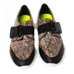 Christopher Kane Beige/Black Floral Lace Print Leather Low Top Sneakers Size 38