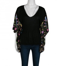 Cavalli Class Black Knit and Floral Print Kaftan Style Top M