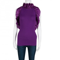 Pre Owned Class by Roberto Cavalli Purple Knit Ruffle Trim Sleeveless Top S