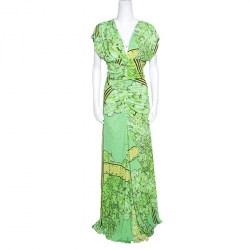 Class by Roberto Cavalli Green Printed Knit Ruched Maxi Dress M
