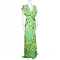 Class by Roberto Cavalli Green Printed Knit Ruched Maxi Dress M
