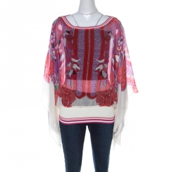 Class by Roberto Cavalli Multicolor Floral Printed Silk Ribbed Detail Top L 