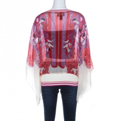 Class by Roberto Cavalli Multicolor Floral Printed Silk Ribbed Detail Top L 
