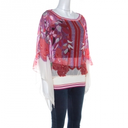 Class by Roberto Cavalli Multicolor Floral Printed Silk Ribbed Detail Top L 