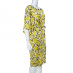 Class by Roberto Cavalli Yellow Snake Print Silk Jersey Short Sleeve Belted Dress L