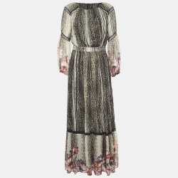 Class by Roberto Cavalli Green Animal Print Lace Insert Chiffon Maxi Dress M