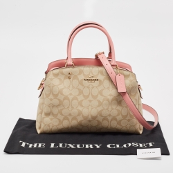 Pre Owned Coach Pink/Beige Signature Coated Canvas and Leather Lillie Carryall Satchel
