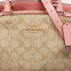 Pre Owned Coach Pink/Beige Signature Coated Canvas and Leather Lillie Carryall Satchel