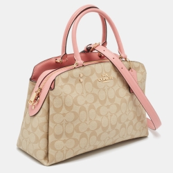 Pre Owned Coach Pink/Beige Signature Coated Canvas and Leather Lillie Carryall Satchel