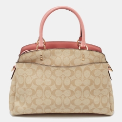 Pre Owned Coach Pink/Beige Signature Coated Canvas and Leather Lillie Carryall Satchel