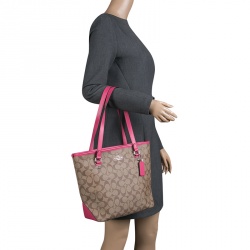 Coach Beige/Pink Signature Canvas and Leather Tote